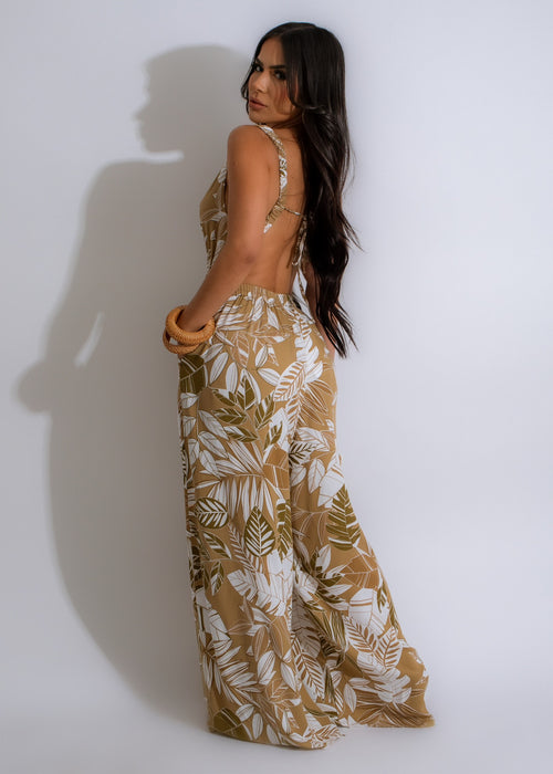 Alt text: A stylish and comfortable brown jumpsuit with a flattering silhouette, perfect for a day in paradise