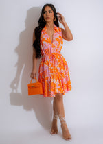 Floral Mini Dress Orange with Embroidered Symmetrical Pattern