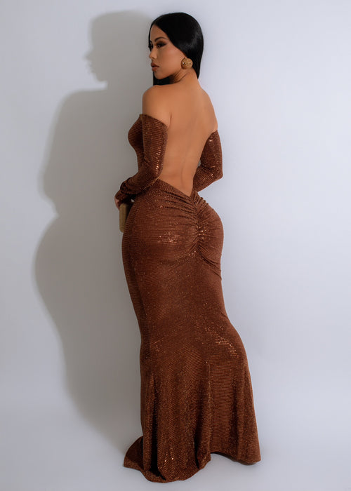 Midnight Affair Sequin Ruched Maxi Dress Brown