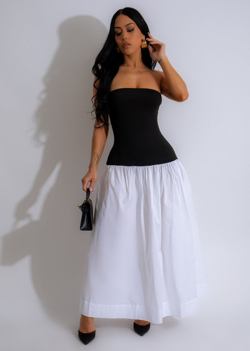  Side view of Your Muse Maxi Dress Black, highlighting the flattering ruched waist and adjustable spaghetti straps