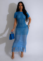 Island Girl Crochet Fringe Midi Dress Blue