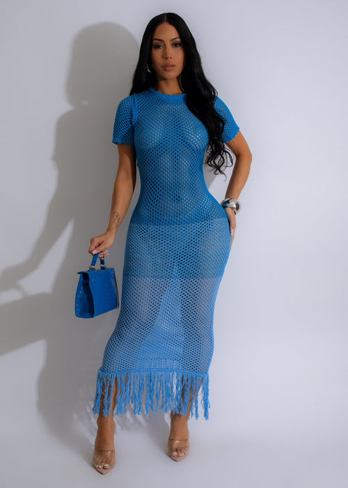Beautiful Island Girl Crochet Fringe Midi Dress in a stunning shade of blue
