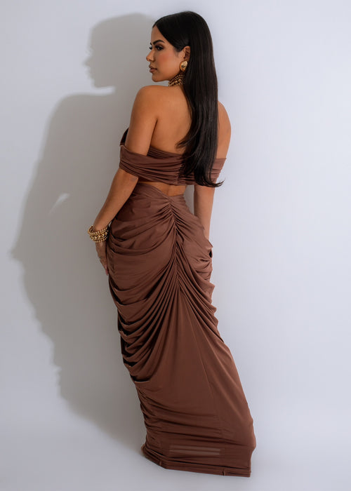 Never The Same Ruched Skirt Set Brown