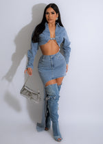 Stylish and trendy denim skirt set with crop top, back view