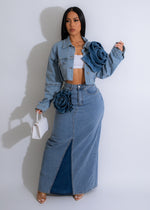 Two-piece denim skirt set with button-up top and matching bottom 