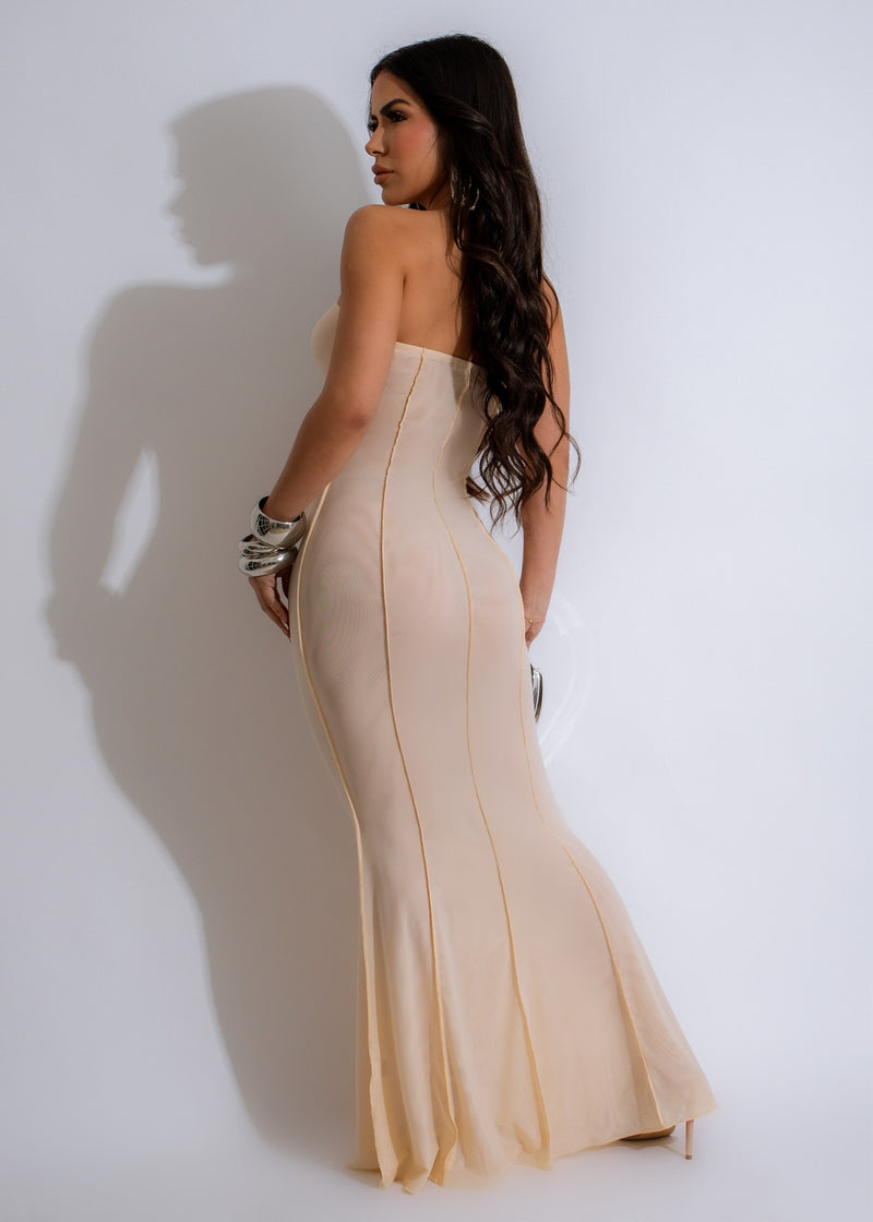 Beautiful nude mesh maxi dress with endless styling possibilities
