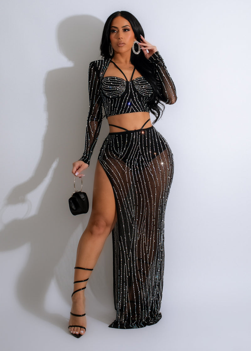 Black mesh skirt set with rhinestone embellishments, the perfect new obsession