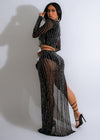 Black mesh skirt set with rhinestone detailing, perfect for evening events