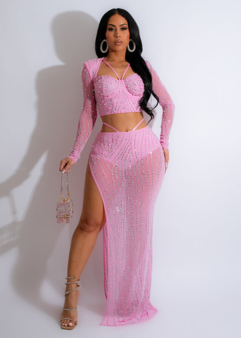 Your New Obsession Mesh Rhinestones Skirt Set Pink