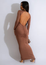Late Night Ruched Maxi Dress in Brown, perfect for evening events and formal occasions
