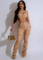 Cruise Control Contrast Stitch Cargo Pant Set  Ruched Nude
