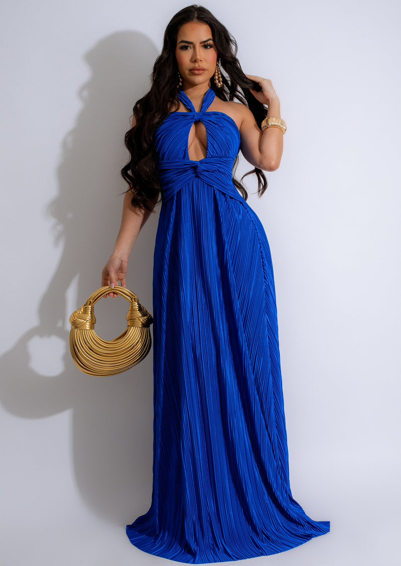 Shimmering silk maxi dress in elegant blue color with flowing silhouette