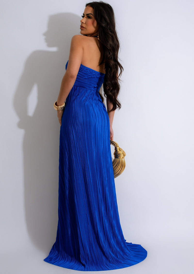 Gorgeous blue silk maxi dress featuring a flattering empire waist and V-neckline