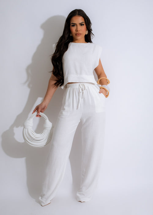Two-piece linen pant set in elegant white for a relaxed, beachy look