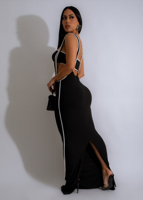 Stylish Monochrome Muse Ribbed Maxi Dress Set in classic black color