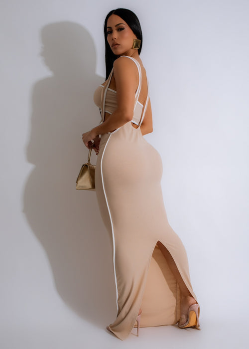 Monochrome Muse Ribbed Maxi Dress Set Nude, back view, long and elegant, in neutral color