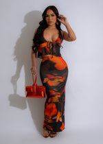 Fiery Blossom Skirt Set Orange with Floral Embroidery and Ruffle Trim