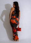 Vibrant Orange Skirt Set with Fiery Blossom Design and Flowy Silhouette