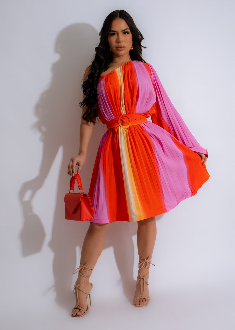 Sunset Day Pleated Mini Dress Orange, a vibrant and flowy summer outfit for women, featuring a flattering A-line silhouette and adjustable spaghetti straps