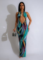 Maxi dress with vibrant blue tropical print and perfect fit