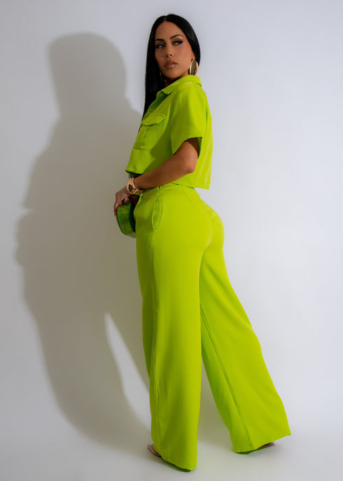 Stylish and trendy green pant set with a cropped top and matching pants