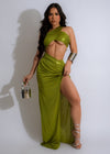 Queen Of Metallic Maxi Dress Green, front view showing elegant design and shimmering fabric 