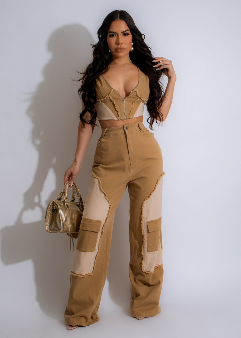 What I Need Denim Cargo Pant Set Nude with utility pockets and adjustable waist 