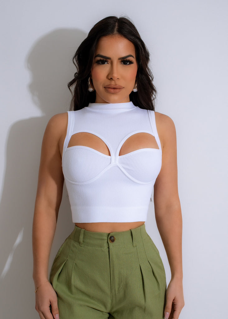 White ribbed crop top featuring a trendy and flattering silhouette