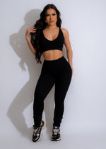High-waisted black ribbed leggings for women, ideal for fitness and yoga