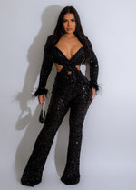 Close-up of black sequin detailing on Sugar Honey Jumpsuit