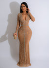 The Royalty Mesh Diamonds Maxi Dress Nude, a stunning floor-length gown with intricate diamond mesh detailing and a nude color palette, perfect for formal events and special occasions