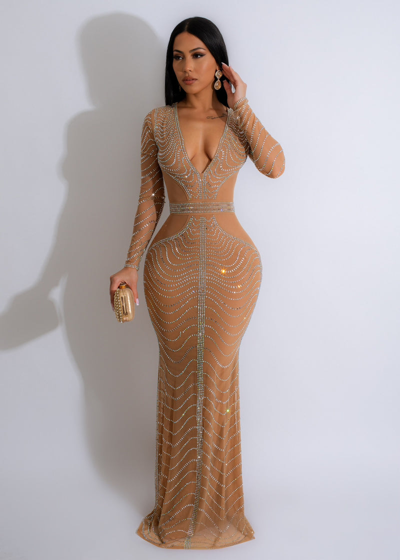 The Royalty Mesh Diamonds Maxi Dress Nude, a stunning floor-length gown with intricate diamond mesh detailing and a nude color palette, perfect for formal events and special occasions