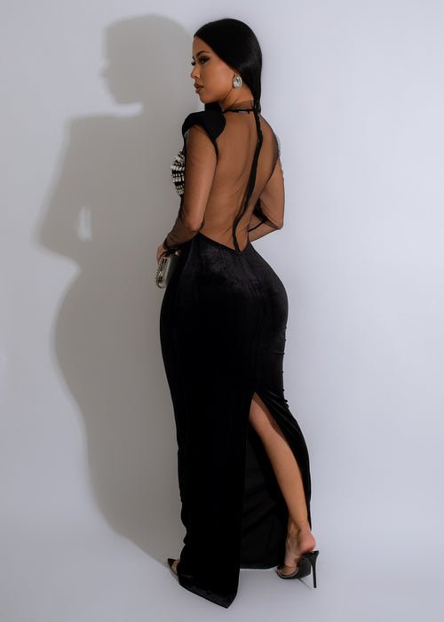 The Duchess Velvet Mesh Rhinestones Maxi Dress Black