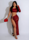 Red glitter skirt set with matching top for a dazzling look