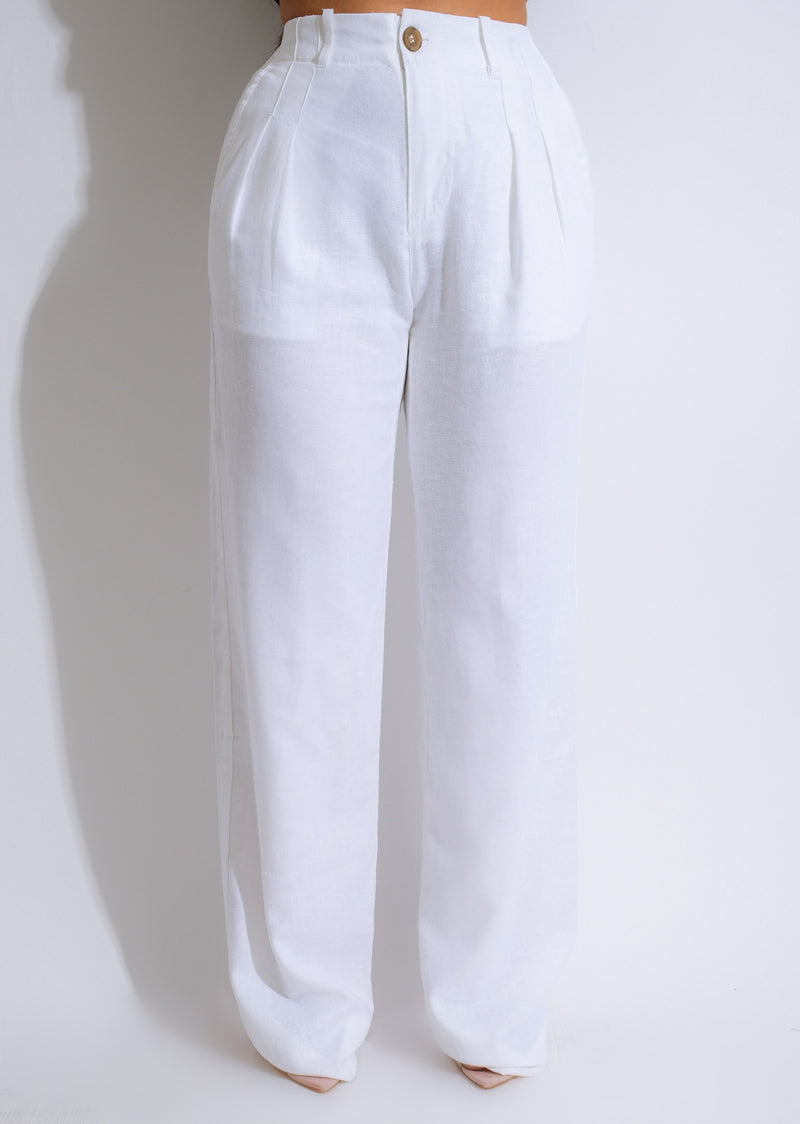 Stylish and comfortable white linen pants on a female model