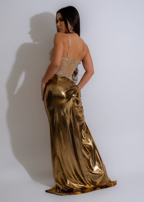 Perfect Rhinestones Metallic Mesh Maxi Dress Gold
