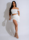 Double Date Ruched Skirt Set White - front view with ruched detailing and matching crop top on model