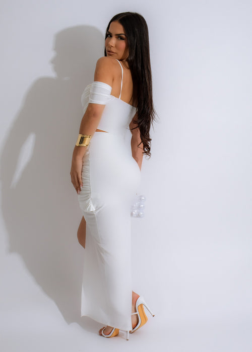 Double Date Ruched Skirt Set White - back view with adjustable ruched skirt and off-shoulder crop top on model