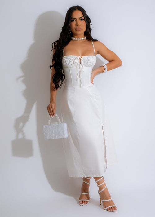 Call My Name Midi Dress White, a beautiful and elegant white dress with a flattering midi length and feminine design, perfect for any special occasion or event 