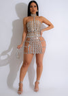 Party Glam Mesh Rhinestones Faux Leather Skirt Set Silver