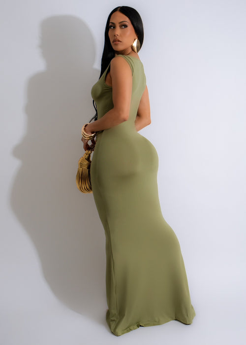  Girls Night Ruched Maxi Dress Green, back view, showcasing the elegant draping and adjustable straps, made from high-quality, comfortable fabric, ideal for summer events or parties