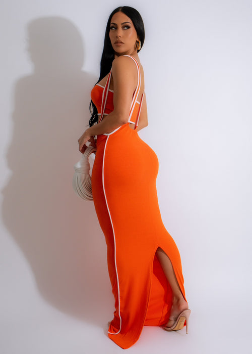 Close up of Monochrome Muse Ribbed Maxi Dress Set Orange fabric texture and detail