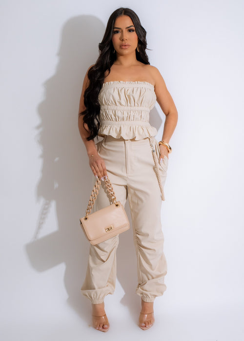 It's Heaven Ruched Jogger Set Nude - Front view of nude jogger set with ruched detailing and drawstring waist