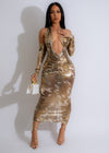 Shimmering gold metallic ruched midi dress with a flattering silhouette 