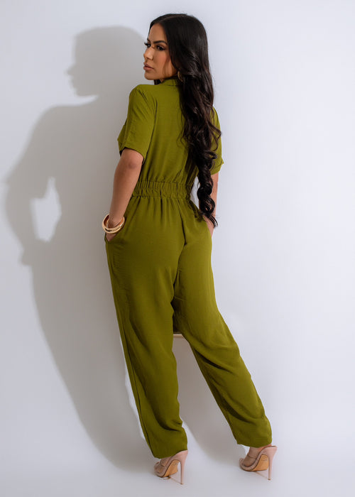  Happy Place Jogger Jumpsuit Green, featuring a relaxed fit and vibrant green color