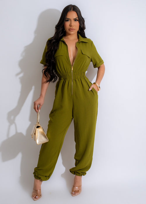 Happy Place Jogger Jumpsuit Green, a comfortable and stylish one-piece outfit 