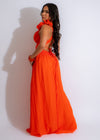  Stunning orange maxi dress with flowing silhouette and intricate lace details