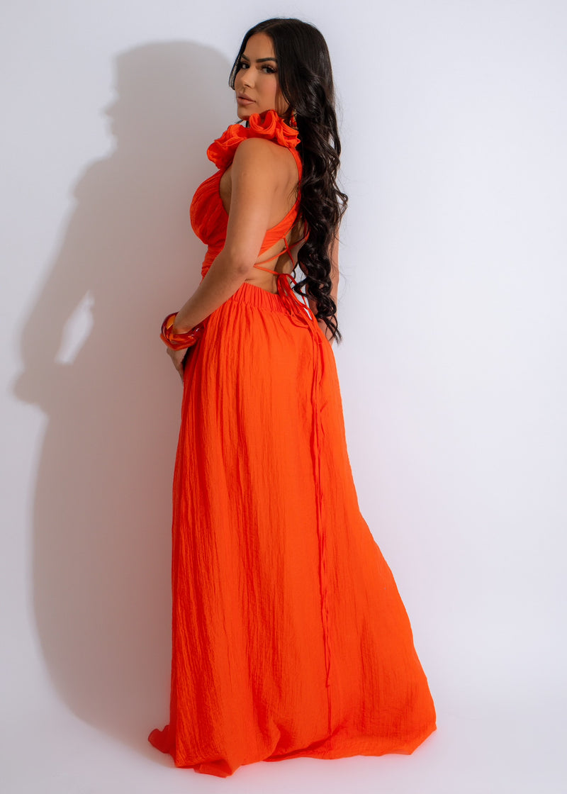  Stunning orange maxi dress with flowing silhouette and intricate lace details
