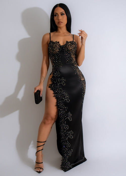 Black lace rhinestone maxi dress with elegant design and flattering fit