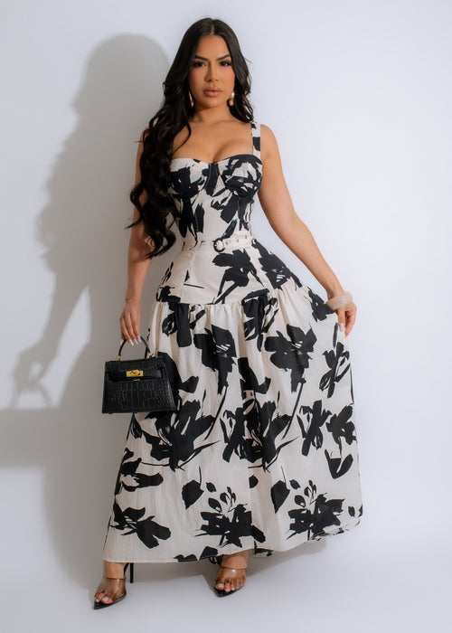 Cute In Leaves Maxi Dress Nude - a beautiful sleeveless dress with a floral print, perfect for summer outings and special occasions, available in various sizes and colors 